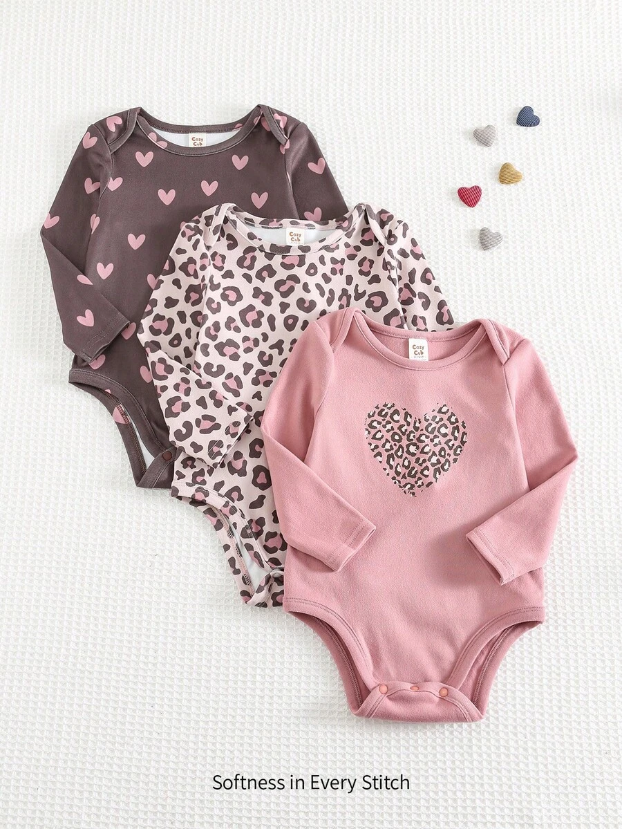 Cozy Pixies 3pcs Baby Girl Valentine's Day Leopard Print Heart Pattern Knitted Soft Crew Neck Long Sleeve Bodysuit Set - Multicolor - View 1