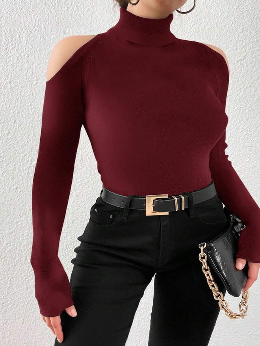 EMERY ROSE Casual Plus Size Women's Fashionable Solid Color Off-Shoulder Long Sleeve High Neck T-Shirt Christmas - Burgundy - View 1