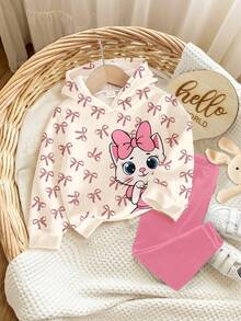 SHEIN 2 件套女婴奶油白色和奶油粉色可爱卡通猫，豹纹蝴蝶结印花保暖厚柔软连帽运动衫和紧身裤套装，适合秋冬日常、居家、度假、校园、舒适季节 - 彩色 - 查看 3