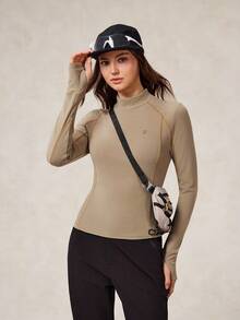 OutZeal Camiseta deportiva de manga larga con cuello alto, ajuste ceñido, de forro polar suave y cálido para mujer, ideal para senderismo y acampada en otoño e invierno - Caqui - Ver 10