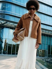 Lumivelle 棕色仿鹿绒复合毛皮女式夹克，秋冬款