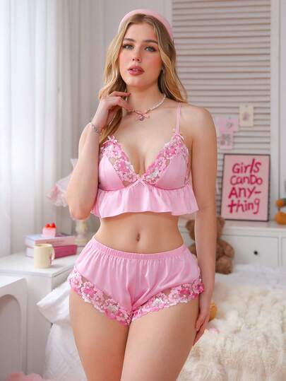 PetitDoll 2 piezas Conjunto de lencería con camisola de mujer con volantes de encaje floral