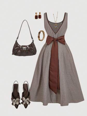 SHEIN MOD 加大码女式复古宫廷棕色格子加大码蝴蝶结中长连衣裙，背部设计和 V 领 - 老钱风格，学院风美学，70 年代风格，甜美可爱，非常适合上学、通勤、聚会和约会