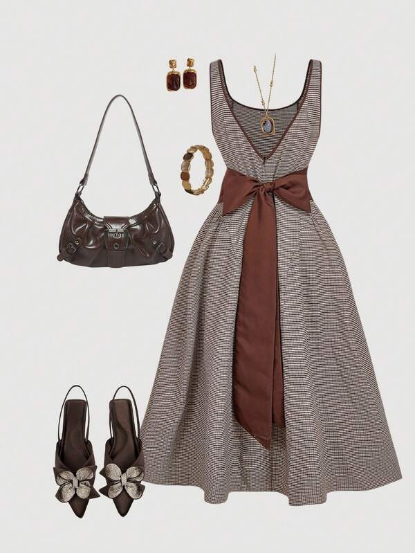 SHEIN MOD Plus Size Women Vintage Court Brown Plaid Plus Size Bow Midi Dress With Back Design And V-Neck - Old Money Style, Preppy Aesthetic, 70s Inspired, Sweet And Cute, Perfect For School Wear, Commuting, Parties, And Dates Vintage Clothes Picnic Outfit Women Brown Summer Dress Brown Sundress Dress Clothes