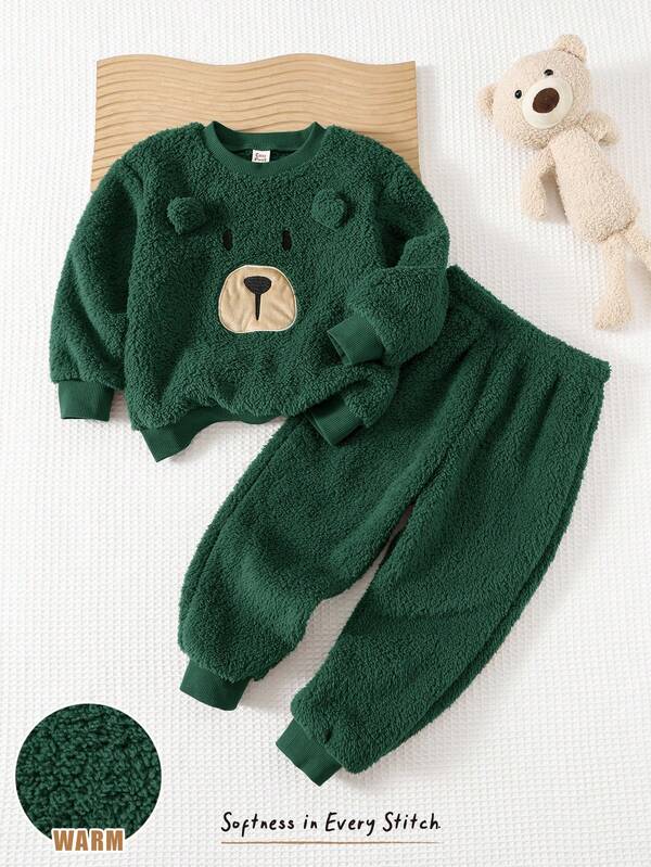 Cozy Pixies 2pcs/Set Young Boy Cartoon Bear Print Fleece Lined Crew Neck Long Sleeve Hoodie And Elastic Waist Ankle Length Pants Set