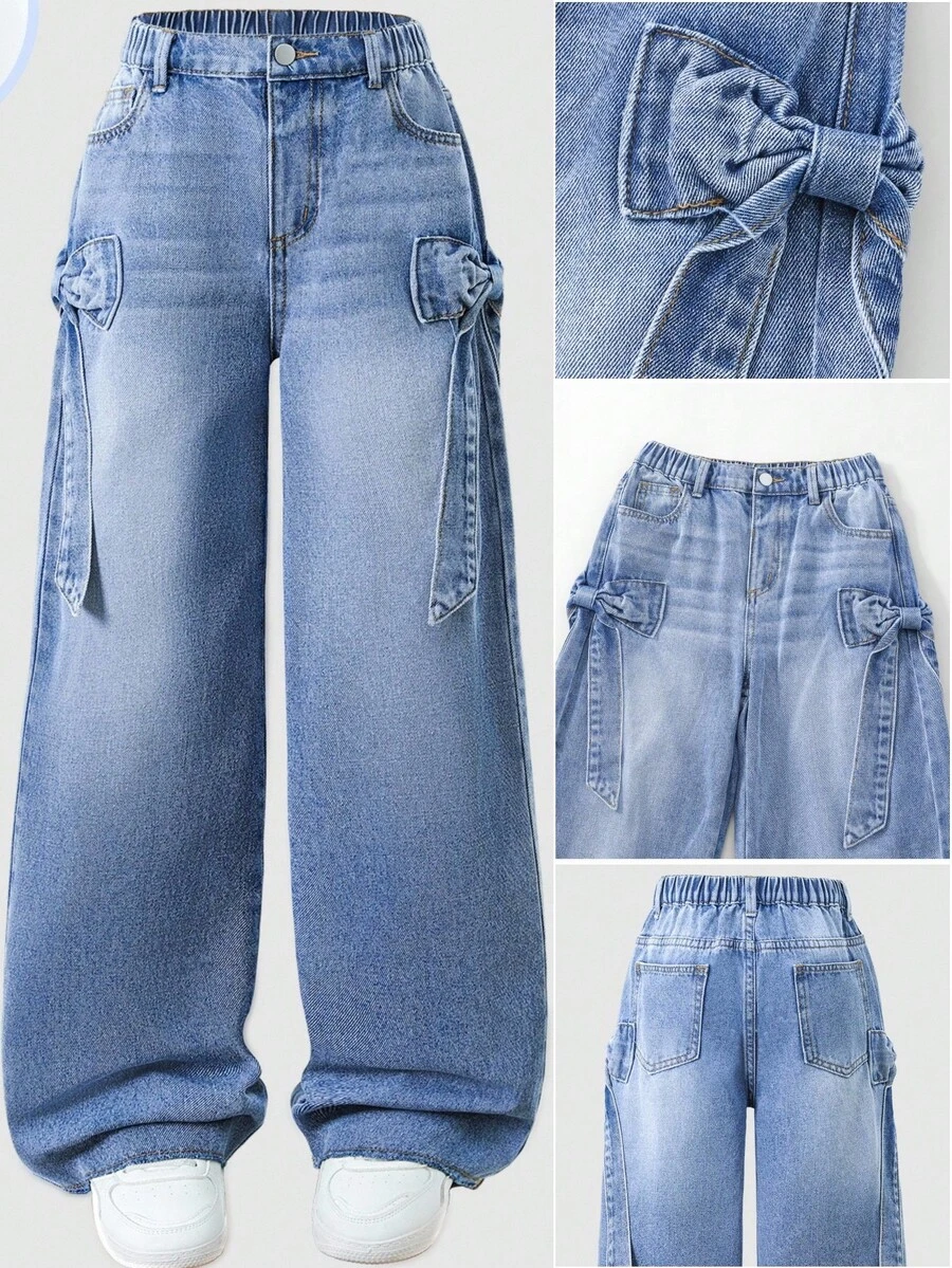 SHEIN Sparklyn 新款女童休闲百搭百搭可爱蝴蝶结口袋柔软宽松直筒水洗牛仔裤，适合日常穿着，2025年春夏新品