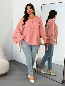 Enliva Áo kiểu tay dài dáng rộng có bèo nhún dành cho nữ cỡ lớn Jennifer Samantha Style, phù hợp với dáng người tròn trịa, thích hợp cho Ngày Valentine, Tình yêu, Quà tặng, Lãng mạn, Chúc mừng Ngày Valentine, 2026, Năm mới - Hồng - Xem 8