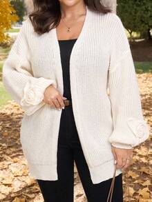 Comfylo 加大码纯色长款开衫夹克，袖口有 3d 花卉装饰，优雅长袖开衫优雅女士开衫休闲日常穿着，通勤简约办公室老款开衫，日常通勤和户外必备，海军蓝女士秋季服装女士冬季服装通勤，极简主义 - 杏色 - 查看 10