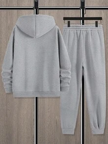 Manfinity Homme 2 件男士成熟休闲简约运动 23 号图案运动衫和运动裤套装 - 灰色 - 查看 2