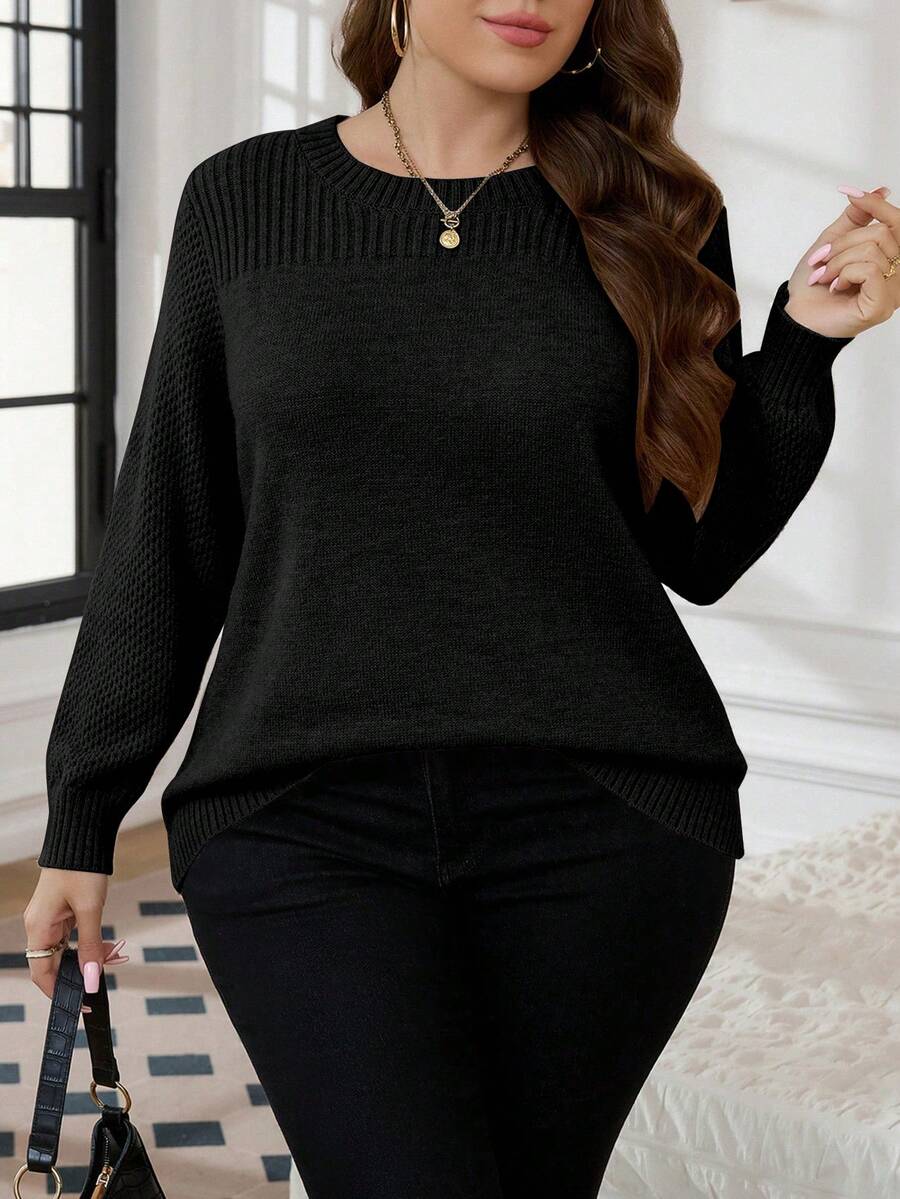 SHEIN LUNE Sweater Rajut Longgar Kasual Lengan Panjang Leher Bulat Warna Polos untuk Wanita Ukuran Besar, Musim Gugur/Dingin - Hitam - View 1