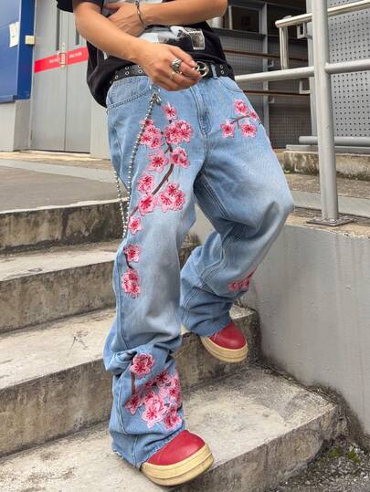 Jeans amples et décontractés pour hommes avec poche brodée de fleurs