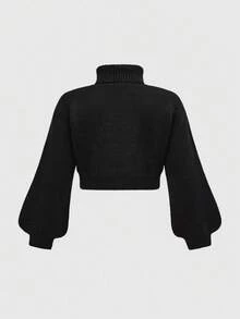 ROMWE Plus Size Women Gothic Romantic Heart Embroidery Rhinestone Crystal Teardrop Star Decor Turtleneck Sweater - Black - View 5