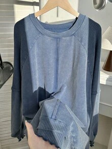 SHEIN EZwear 大码女式休闲蓝色套头长袖运动衫秋冬女装 - 藍色 - 查看 1