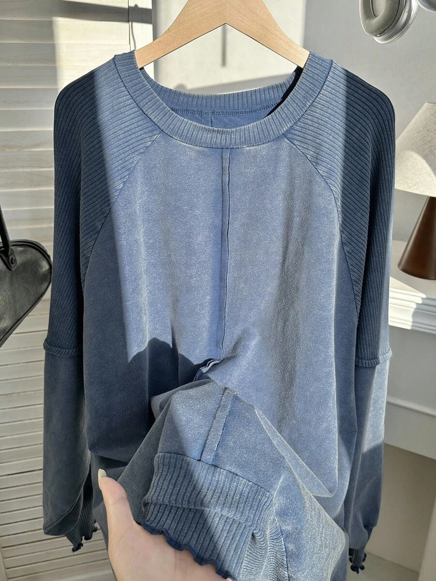SHEIN EZwear 大码女式休闲蓝色套头长袖运动衫秋冬女装 - 藍色 - 查看 1