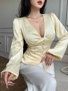 SHEIN LUNE Women's Waist-Cinched V-Neck Elegant Refined Satin Blouse, Long Sleeve - Apricot - View 5