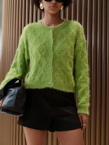 Lumivelle Damen grüne Rautenmuster Loose Cardigan, kurzer Stil, Langarm, Herbst/Winter - Grün - Übersicht 7