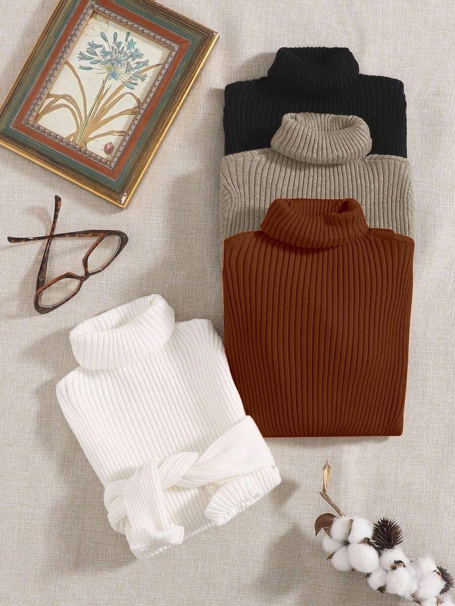 EMERY ROSE 4pcs Solid Turtleneck Ribbed Knit Sweaters,Long Sleeve Tops Knit Pullover Fall Winter Sweater - Multicolor - View 1
