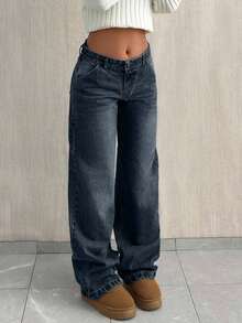 EURMUSE LOW WAIST BAGGY LOOSE STRAIGHT LEG JEAN - Dark Wash - View 3