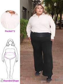 Enliva Melanieangelese Plus Size Autumn/Winter Casual Solid Color Wide-Waist Thickened Pants, For Apple Rounded Body Shape