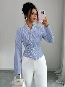 Elenzga 女式条纹长袖收腰休闲通勤衬衫 - 彩色 - 查看 6