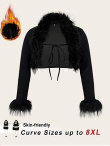 SHEIN CURVE+ 大码女式黑色 Y2K 人造毛皮装饰系带短款夹克，适合冬季 - 黑色 - 查看 1
