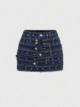 Grunge Punk Gonna di jeans mini a vita elastica, stile casual streetwear, con patchwork a contrasto di colore per le donne