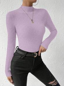 Chiquease Casual Solid Color Stand Collar Sweater, Autumn/Winter - Mauve Purple - View 6