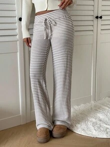 SHEIN EZwear 女士系腰条纹直筒宽松休闲裤 - 卡其色 - 查看 3