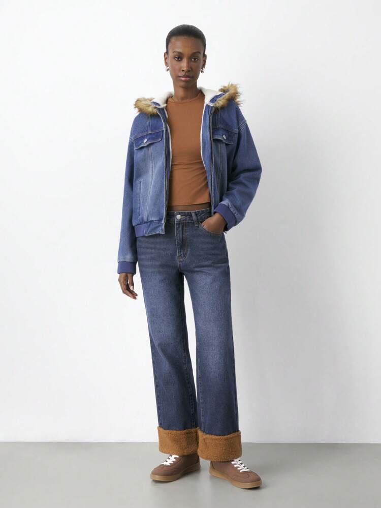 SHEIN Maija Women's Retro Thermal Lined Jeans Warm Straight Pants Contrast Color Stitching Teddy Fur Winter Casual Wear Snow Season OOTD