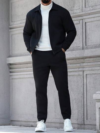 Manfinity CasualCool 男士纯色简约休闲拉链夹克和裤子套装，适合日常休闲、周末旅行、户外活动、旅行探险、轻松的工作环境或半正式场合、男朋友/丈夫礼物、周年纪念礼物、秋冬服装