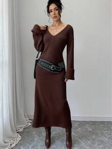 CasuGlow Casual Deep V Neck Solid Color Plain Pattern Drop Shoulder Double Cuff Oversize Fit Cozy Maxi Knitted Dress For Winter Daily Styles - Brown - View 5