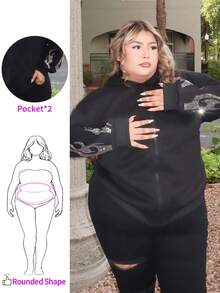 Enliva 大码前拉链长袖水钻火焰印花连帽运动衫，休闲日常穿着 - 黑色 - 查看 1