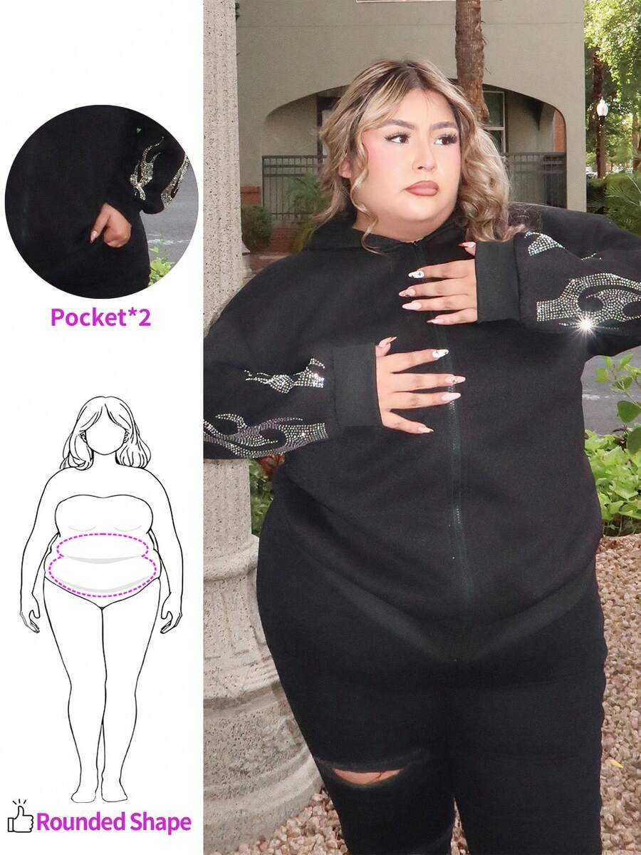 Enliva 大码前拉链长袖水钻火焰印花连帽运动衫，休闲日常穿着 - 黑色 - 查看 1