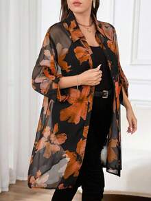 Reflora Plus Size Floral Print Semi-Sheer Casual Long Sleeve Shirt Long Blouses - Orange - View 1