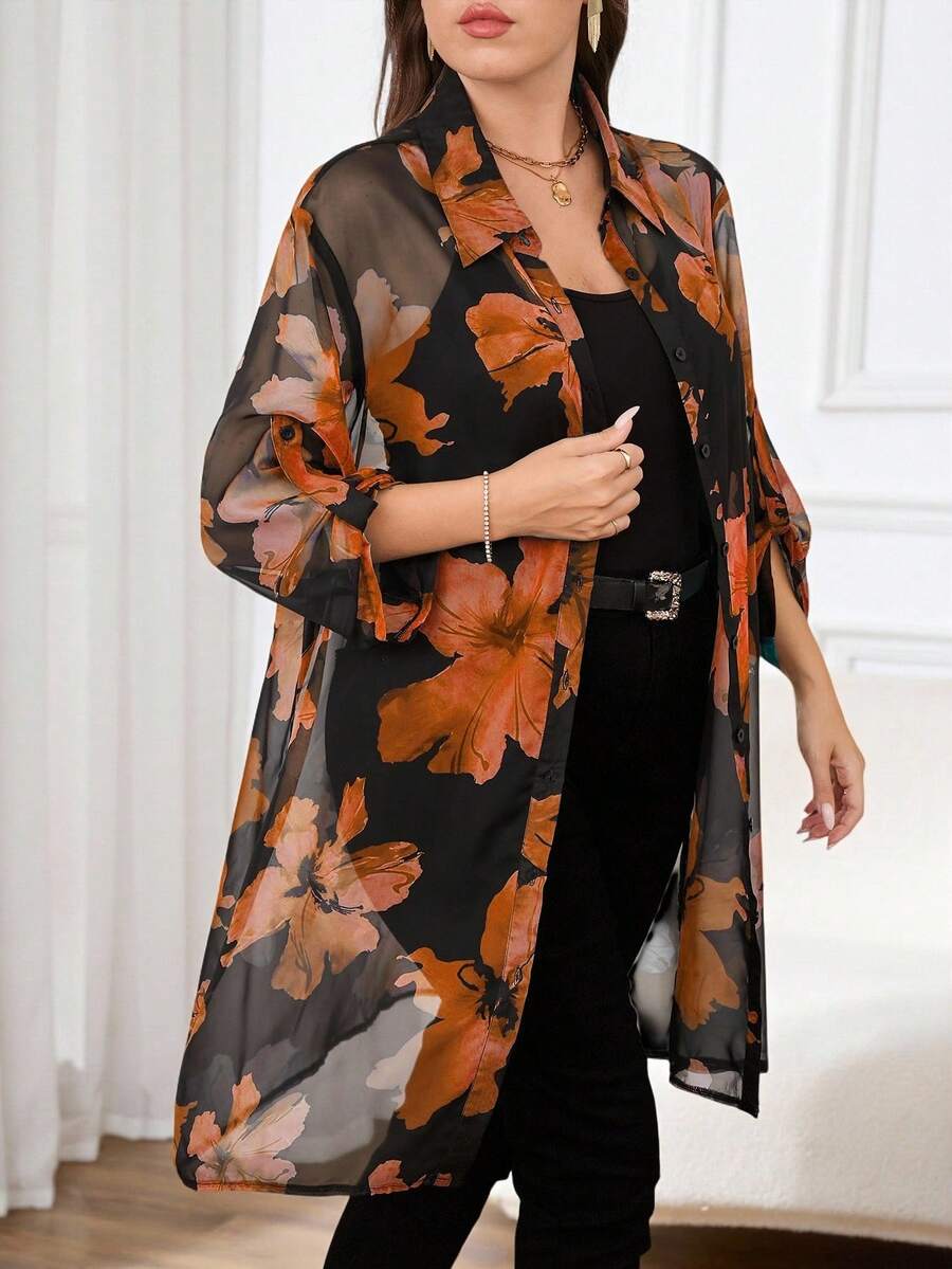 Reflora Plus Size Floral Print Semi-Sheer Casual Long Sleeve Shirt Long Blouses - Orange - View 1