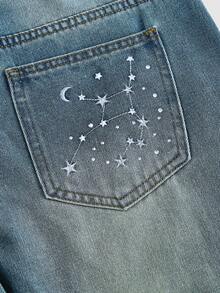 SHEIN MOD Selenza 女款十二星座牛仔裤，处女座星座设计，注重细节，时尚优雅喇叭裤，适合通勤，银色刺绣，水钻点缀 - 藍色 - 查看 4