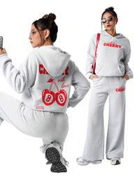 SHEIN Explorewe 2pcs/Set Casual Sports Outfit For Teen Girls, Cherry & Letter Print Hoodie Sweatshirt + Loose Fit Thermal Lined Hoodie And Long Sweatpants Set