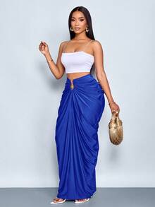 SOLERSUN 女士时尚纯色褶皱半身裙 - 寶藍色 - 查看 1