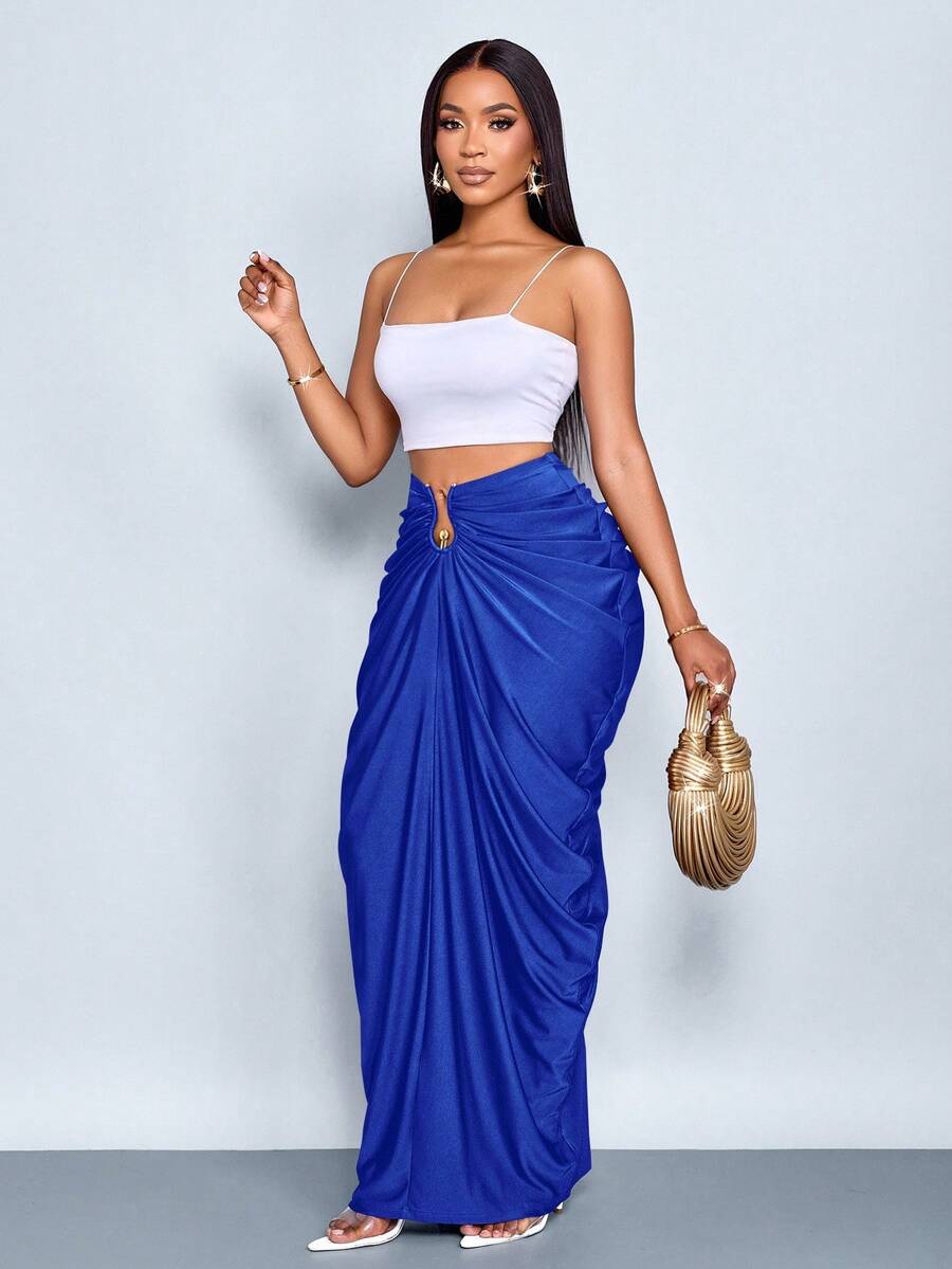 SOLERSUN 女士时尚纯色褶皱半身裙 - 寶藍色 - 查看 1