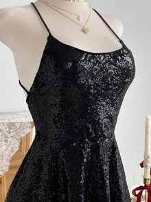 Elamini Women's Solid Color Sequin Backless Criss-Cross Strap Dress