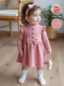 LMoss Kids LMoss Baby Girl Pink Autumn Cute Sweet Birthday Dress,Solid Knit Round Neck Ruffle Hem Long Sleeve Textured Warm Outfit For Christmas Spring Winter - Pink - View 6