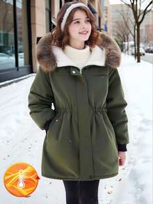 SHEIN 女童羽绒大衣,中长款,收腰,厚实,带帽,仿毛领,秋冬 - 軍綠色 - 查看 4