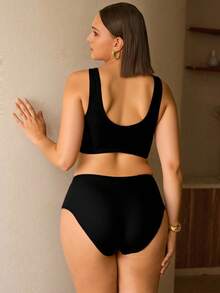Swim Chiccia Plus Size Solid Color Shell Decorated Swimsuit Set - Black - View 3