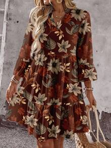 EMERY ROSE Casual Retro Floral & Maple Leaf Pattern Women Short Dress, Suitable For Spring, Early Autumn - Multicolor - View 5