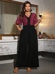 Auvina 大码女式V领金属线荷叶边连体裤 - 彩色 - 查看 3