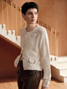 Uhlyne French Retro Fashion Romantic Minimalist Elegant Commute Generous Casual Daily Versatile 3D Handmade Crochet Hollow Round Neck Long Sleeve Women's Clothing, Suitable For Autumn/Winter, Fitted Cardigan In Beige - Beige - View 4
