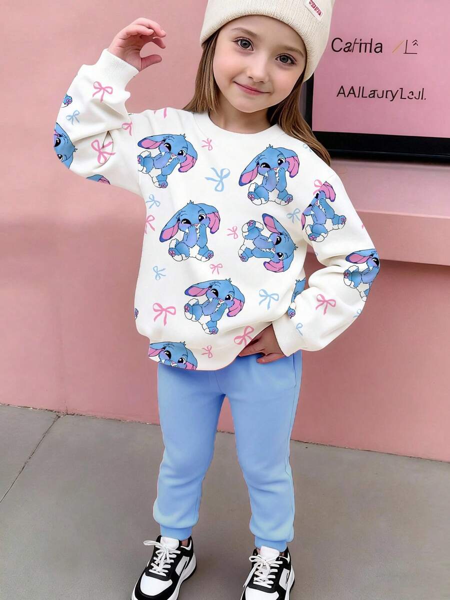 Sparklyn 2pcs Set Casual Fashion Outfit, Cute Rabbit Print Sweatshirt Top & Sweatpants Set For Young Girls - Multicolor - View 1