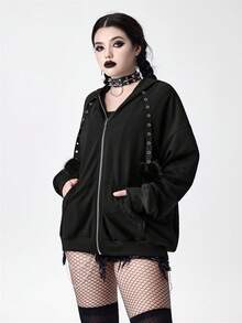 ROMWE Grunge Punk 秋季女装亚文化格子拼接金属环人造毛皮拼接宽松长袖拉链卫衣 - 黑色 - 查看 4