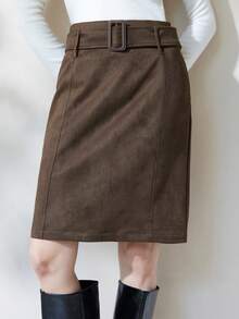 Aveloria Modichic 女装秋冬时尚欧美风格仿麂皮腰带宽松休闲复古通勤优雅半身裙 - 棕色 - 查看 3