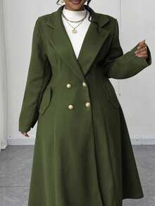 Maweii Plus Size Women's Square Neck Lapel Open Front Water Blue A-Line Pocket Mid-Length Elegant Vintage Casual Cute Overcoat, Autumn/Winter - Army Green - View 4